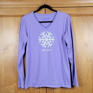 Life Is Good Women's Lavender Crusher V-Neck Snowflake Long Sleeve Tee - M